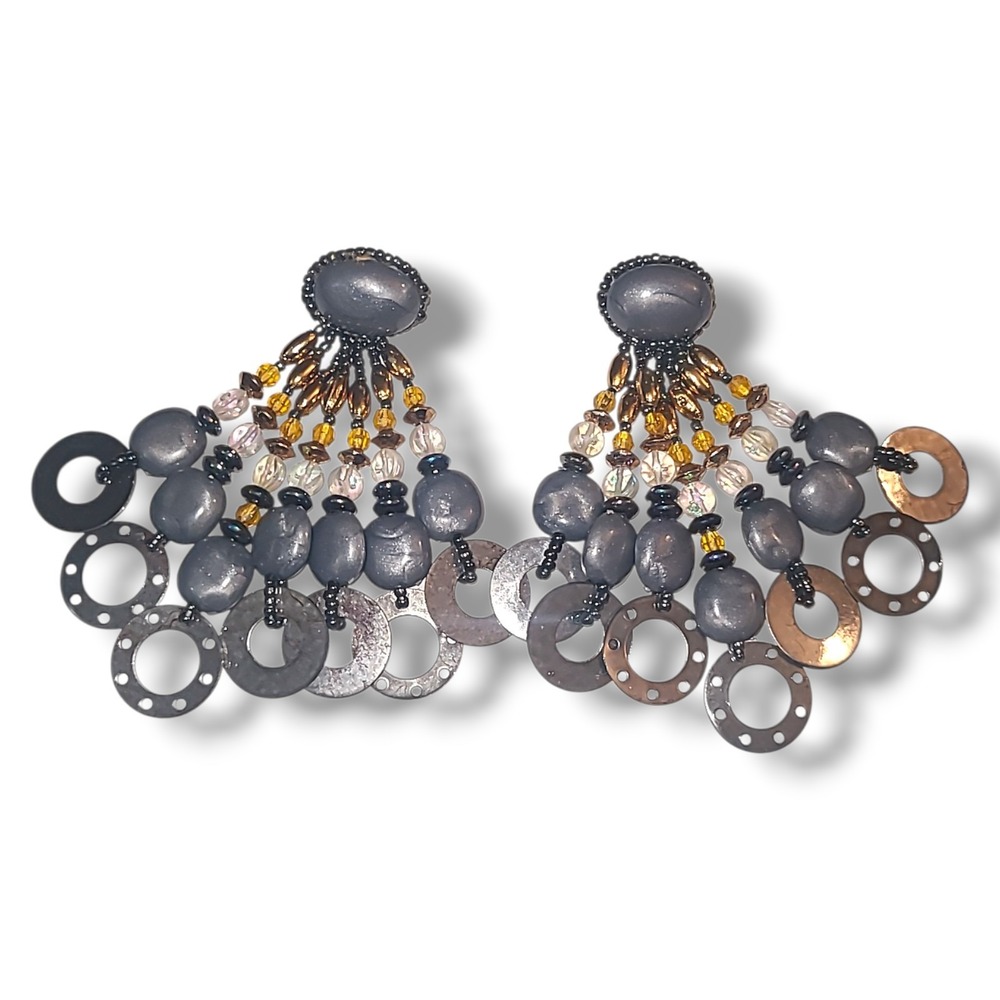 Vintage 1980s Chipita‎ Beaded Chandelier Earrings Gray Copper Pierced